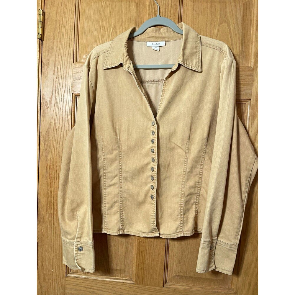 dressbarn Womens XL Beige Solid Collared Long Sleeve Button-Up Shirt